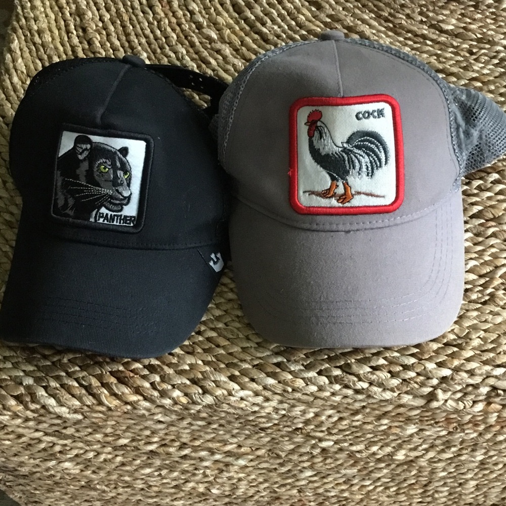 Grey Rooster Patch Trucker Hat & Black Panther Patch Cap - Set of 2